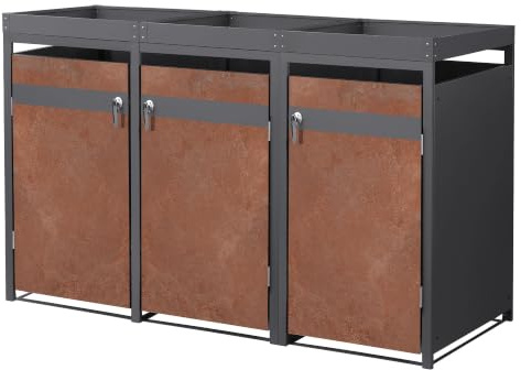 ML-Design Box pour 3 Poubelles avec Toit Végétal, 3 Portes, 240L, 200x80x124 cm, Acier Corten, Anthracite/Aspect Rouillé, Résistant aux Intempéries, Habillage Poubelle Verrouillable, Conteneur Hangar