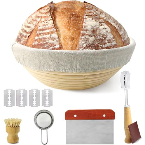 Gärkörbchen Rund 23cm Set: Banneton Brotkorb aus Peddigrohr mit Teigschaber, Brotmesser, Mehlsieb und Reinigungsbürste für Sauerteig Brot