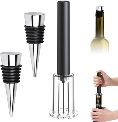 FBBULES Cavatappi Vino Pressione Aria con 2 Tappi Bottiglie Riutilizzabili, Apribottiglie a Pompa Rapido e Facile da Usare, Professionale Accessori Vino per Casa, Raduni e Regalo