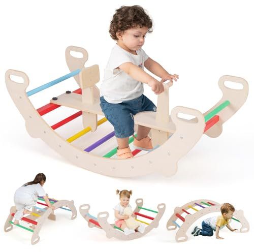 GOPLUS Kletterbogen Indoor, 4 in 1 Schaukelpferdbogen, Kletterleiter, Schaukelbogen & Krabbeltunnel mit abnehmbarem Sitz, Griff & Rückenlehne, Montessori-Kletterdreieck für Kinder von 1-5 Jahren