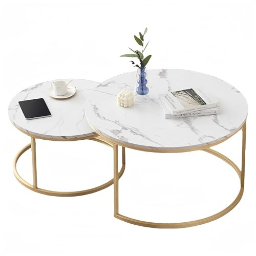 Ginhow Marmor Optik Couchtisch Runder Goldrahem - 2er Set Satztisch, Modern Wohnzimmertisch und Beistelltisch für Wohnzimmer, Ø70x45H cm & Ø50 x35H cm (Weiß und Gold)