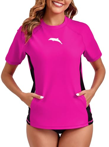 Halcurt UV Shirt Damen mit Tasche Kurzarm Rash Guard UPF 50+ Sonnenschutz Schwimmshirt Schnell Trocknender Badeshirt XL