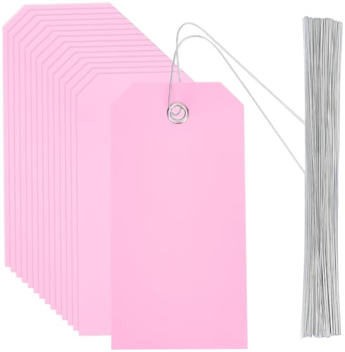 SOFPLATE 100 Stück Rosa Wasserdichte Etiketten Blanko Versandetiketten Mit Eisendraht Rechteckig 4.7 x 2.4{1} cm Kunststoff PVC Öse Zum Aufhängen Namensschild Etiketten Set Zum Aufhängen von Namenskar