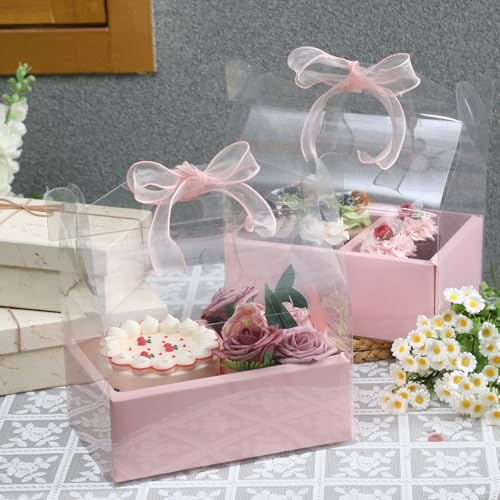 Honeydak 10 Pcs Cake and Flower Clear Boxes Mother's Day Portable Clear Gable Box with Handle Ribbon Transparent Gift Packaging for Wedding Birthday Party Supplies 4-Inch Cakes(Regular,4 Inch,Pink)