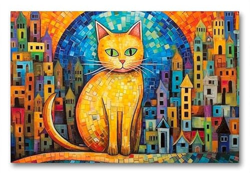 CALVENDO Premium Textil-Leinwand 90 x 60 cm Querformat Katze Im Stil von Friedensreich Hundertwasser | Wandbild, HD-Bild auf Keilrahmen, Wanddekoration, Kunstdruck von Kerstin Waurick