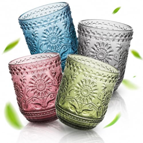 Topsky 4 Stück 360ml bunte Glas Trinkgläser Cocktailgläser | Blumenprägung, je 1 Stück Pink/Blau/Grün/Grau, stapelbar, spülmaschinengeeignet, für Cocktails und Saft