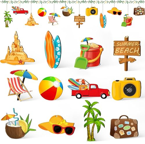 Anhänger Sommer Holz, 36 PCS Sommer Holzschild Deko Zum Aufhängen, Sommerlicher Baumschmuck, Hawaii Holzanhänger, mit Seil, für Sommerfest, Poolparty, Hawaii Party Dekoration