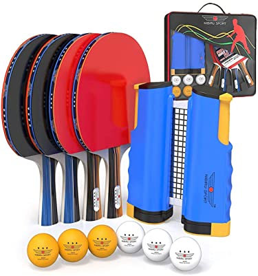 Professional Table Tennis Set | 4 Paddles, Retractable Net, 6x 3-Star Balls & Carry Case | Indoor Outdoor Family Game with Portable Accessories
