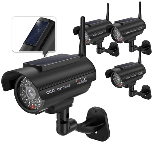 WALI Dummy Fake Camera, Solar Powered Fake Security Camera with LED Light, Simulated Surveillance Security CCTV Dome Cameras with Antenna and Warning Sticker Indoor Outdoor (SOL-TCB2), 2 Packs, Black