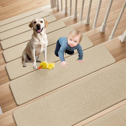 Cnwinu 15 Stück Treppenstufen Matten, Stufenmatten Selbstklebend Antirutsch Treppe Stufenmatten Innen, 60×20cm Treppenteppich, Teppich rutschfest für Kinder, Älteste und Haustiere (Khaki)
