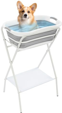 WindWilder Foldable Pet Bathtub with Stand 98.5cm & Bathtub 66x42x25cm, Dog Cat Bath Tub for Indoor Outdoor Use, 50kg/110 lbs Capacity