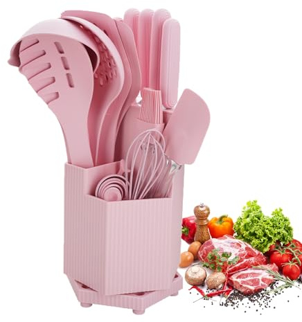 Cooking Utensils Set, Wekity 19 PCS Silicone Kitchen Utensils Set with Holder and Kitchen Knife Set for Cooking, Non-stick Heat Resistan Kitchen Tools and Gadgets with Wooden Handle (Pink-22PCS)