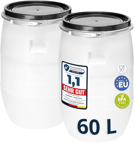 Garronda set 2×60 liter fat med lock – bredhalsfat av HDPE regnfat för trädgården, vattentunna, foderfat, universalfat, livsmedelsfat, vattentank GD-0122, Vit