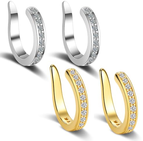Pendientes Mujer,Pendientes Clip,Pendientes Corrector Orejas Soplillo Mujer,sin Perforación,Brillantes Correctores de Orejas,Aretes Falsos Ligeros sin Perforación,Oro/plata,2 pares
