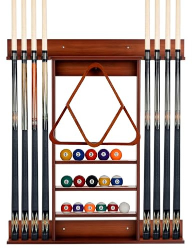 FANTASK Billard Queue Halter, Billardständer aus Kiefernholz für 8 Queues, 15 Billardkugeln & 1 Ballständer, Wandmontierter Queueständer für Bars Clubs Spielzimmer, Wandmontage (Braun)