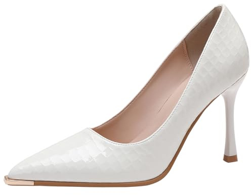 Courtspumps dam spetsig tå stilettklack läder lack pumpar metalltå minnesskum för kontor och brudmottagning bred slip-on, Vit 7 cm, 38 EU