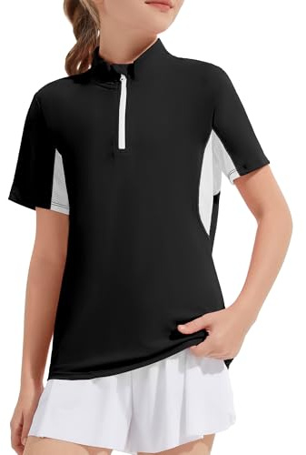 Hvididan Girls Short Sleeve Quick Dry Shirt Horse Riding Quarter Zip Equestrian T-Shirt for Girls Kids Activewear Black Size 11-12
