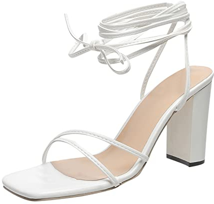 Romersandaler dam snörning, remsandaler dam med klack, svarta sommarsandaler, blockklack, fritidsskor, eleganta fritidssandaler, bekväma sommarskor, kvadratiska tåhätta, sandaletter, Vit, 40 EU