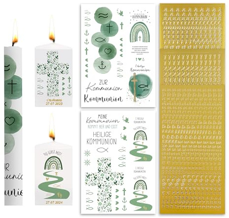 FloraVigo Lot de 2 bougies de baptême - Film de tatouage + 3 autocollants lettres majuscules et minuscules - Chiffres dorés - Pour bougie de baptême (communion verte)