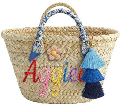 CGFN Personalisierte Strohtasche für Damen & Mädchen, Große Strandtasche mit Namen, Handgemachte Korb Tasche Stroh Sommer&Urlaub, Personalisiert Geschenk für Frauen & Teenager