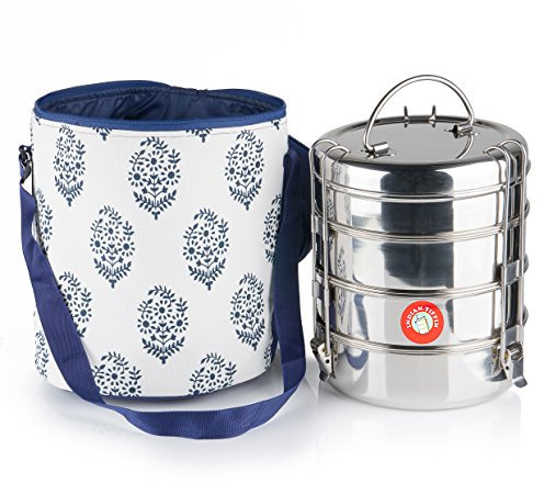 Grande famille Tiffin avec cuillère, plateaux et bols avec poche isotherme bleue