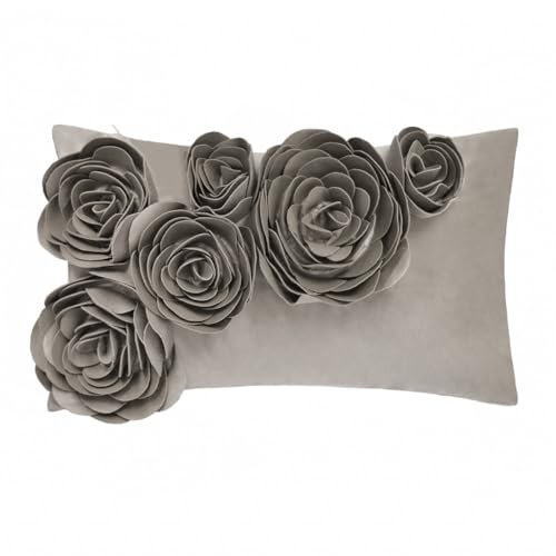 JWH 3D Flower Throw Pillow Cover Decorative Handmade Floral Pillow Case Soft Velvet Pillowcase Lumbar Cushion for Bed Living Room Chair Couch Decor Shams 12x20 Inch Taupe