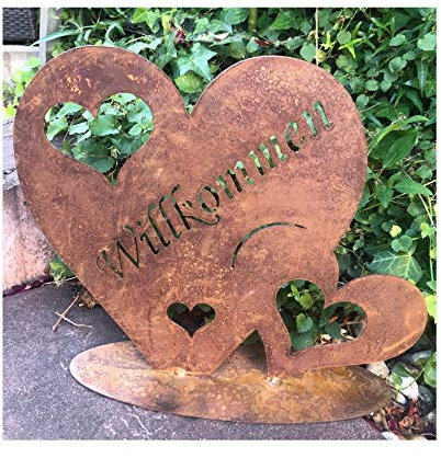 Radami Edelrost Herz - Willkommen - Schild Willkommensschild Gartenstecker Metall Gartenfigur, Metall Figur Gartendekoration schwere Ausführung (Herz 990g)