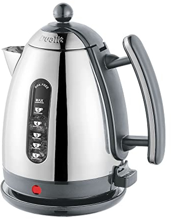 Dualit Lite 1.5L Jug Kettle - Polished Stainless Steel with Black Trim, Fast Boiling, Non-Drip, Dual Measuring Windows, 3kW, 230V, Grey