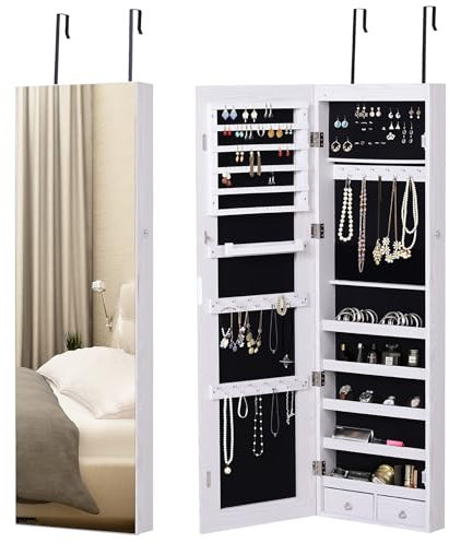 HOMCOM Schmuckschrank Spiegelschrank Wandschrank mit LED Wand-/Türmontage MDF Weiß 37 x 120 x 10 cm