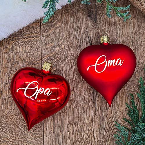 Set aus 2 roten Weihnachtskugeln in Herzform aus Glas mit weißem Text | Christbaumkugel | Weihnachtskugel personalisiert | Weihnachtsgeschenk | Baumschmuck | Ankündigung Schwangerschaft