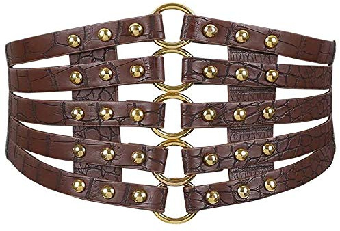 MEGAUK Damen Leder Gürtel Breit Nieten Elastischer Taillen Vintage Hüftgürtel Bindegürtel Lolita Korsett Mit Ring Schnalle Design (Braun)