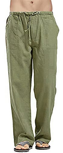 Enfärgade linnebyxor för herr, avslappnad passform, vardagliga yogabyxor, raka ben, gRÖN, 4XL