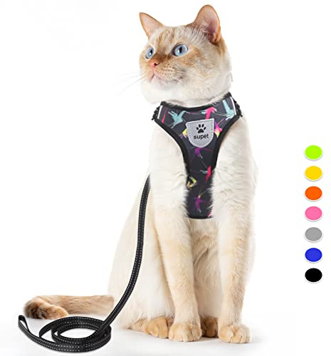 Supet Kattsele och koppel, set, flyktsäkert kattsele justerbar kattvästsele med reflexremsor, universellt kattkoppel och sele för katter/valpar, svart, S