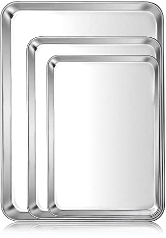 E-far Baking Cookie Sheet Pan Set of 3, 16/12.4/10.4 Inch, Stainless Steel Baking Pans Set for Oven, Rectangle Baking Tray for Cooking Roasting, Non Toxic & Easy Clean, Dishwasher Safe