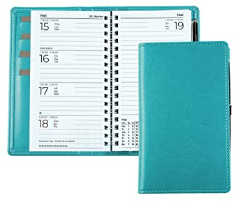 DELMON VARONE - Taschenkalender A6 2026 veganem Kunstleder türkis-Organizer Terminplaner (1 Woche auf 2 Seiten) klein - Kalender mit Wochenübersicht & Spiralbindung - Wochenplaner (nachfüllbar)
