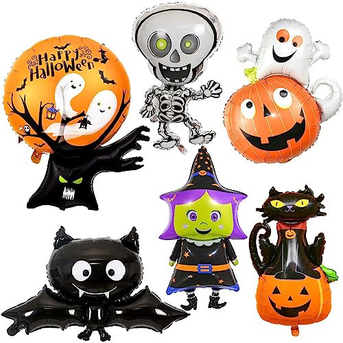 Decorazioni Halloween Palloncini di Halloween in Alluminio XXL per Elio o Aria con Fantasma Pipistrello Scheletro Gatto Zucche e Strega -6 Pezzi-