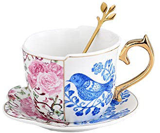 Jiotouhu Tekopp och fat set med sked, porslin med guldkant, cappuccinokopp i fin benporslin