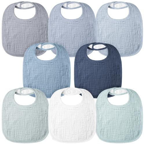 Bearmoss Baby Bibs for Drooling and teething 100% Cotton Muslin Bibs for Baby Boy & Girl,Adjustable, Ultra Absorbent,8 Pack (Mint Iceberg)
