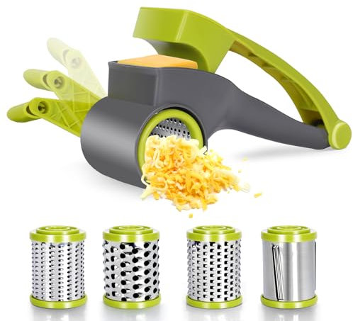 Masthome Käsereibe mit Griff, Parmesan-Käsereibe mit 4 Edelstahl-Trommeln, Käsereibe drehbar zum Reiben und Zerkleinern von Hartkäse, Schokolade, Nüssen
