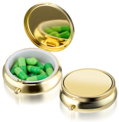 WLLHYF Petite boîte à pilules mignonne pour sac à main et poche - Pilulier de voyage étanche en métal pour vitamines, huile de poisson, compléments (doré)