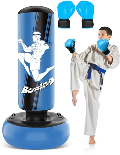 65inch Inflatable Punching Bag for Kids, Boxing Bag with Boxing Gloves for Practicing MMA Karate Taekwondo and to Relieve Pent Up Energy(Blue)