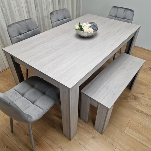Dining Table and Chair Set with 1 Bench Light Grey Kitchen 4 Velvet Chairs | KOSY KOALA Dining Table and Chairs Set with 1 Bench Light Grey Kitchen Table & 4 Grey Velvet Dining Chairs, 140 x 80 x 75 cm