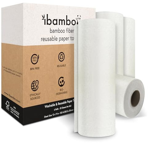 Jenvita Bamboo Paper Towels Reusable | Absorbent, Heavy Duty & Washable | Organic Paper Towel | FSC Certified | 100% Rayon Derived From Bamboo | Unpaper Towel Alternative | 20 Sheets, 12x11 | 6 Rolls