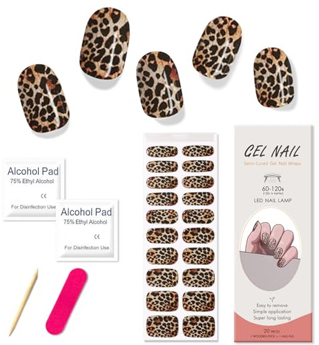 Boloshine Gel nagellacksremsor, 20 st mjuk salongskvalitet UV naglar gel nagelklistermärken, vattentäta gelnagellack, självhäftande franska manikyrklistermärken (mjukt leopardtryck)