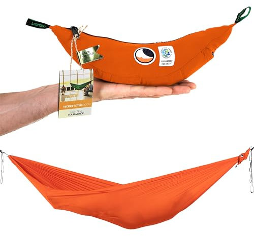 Ticket to the Moon Ultraleichte Outdoor Hängematte Orange | aus Nylon Fallschirmseide mit 320 x 140 cm & nur 228 g - Hängematte mit einfachem Aufbau inklusive 6kn Minikarabiner | Original seit 1996
