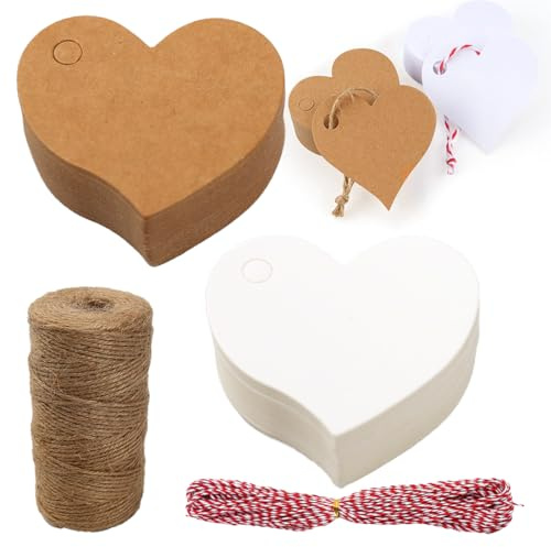 YOYEAH 100stk Herz Kraftpapier Anhänger - Geschenkanhänger für Hochzeit und Weihnachten mit 10m Naturjute und 10m Baumwollfaden - Papierherzen zum Beschriften, Namensschilder und Wunschzettel