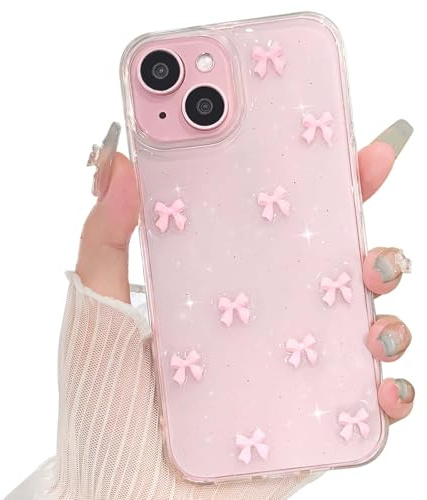 NITITOP Cover per iPhone 13 Mini Carina 3D Fiocco Trasparente con Paillettes Traslucida Glitter per Ragazze Femminile Anti Ingiallimento Custodia con Antiurto - Rosa Fiocco2