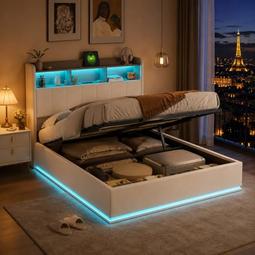 Lit Coffre 160 x 200 cm,avec Éclairage LED et Port USB,Lit Double Rembourré avec Rangement et Tete de lit,pour Adultes et Adolescents,Velours (Blanc B, 160 x 200 cm)