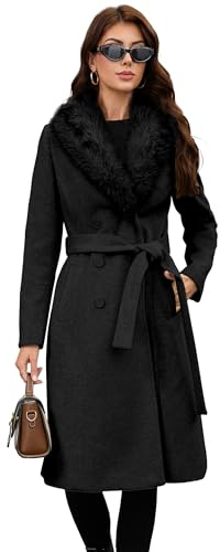 PAPILLON D'OR Langer Wollmantel für Damen, zweireihiger Trenchcoat mit Gürtel, abnehmbarer Kunstfellkragen
