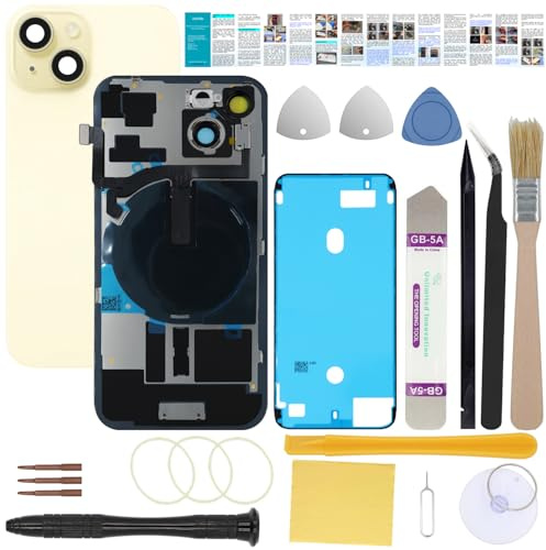 UooFide Rear Screen Back Glass Cover Compatible with iPhone 15 Plus 6.7-Inches All Carriers +Pre-Installed Plate +Wireless Charging Coil Flex Cable +Flashlight +Microphone +Camera Frame (Yellow)